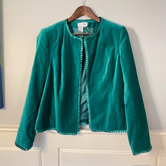 Vintage Velvet & Satin Green Holiday Glam Cardigan Blazer Ruffled Trim Large - Picture 2 of 8